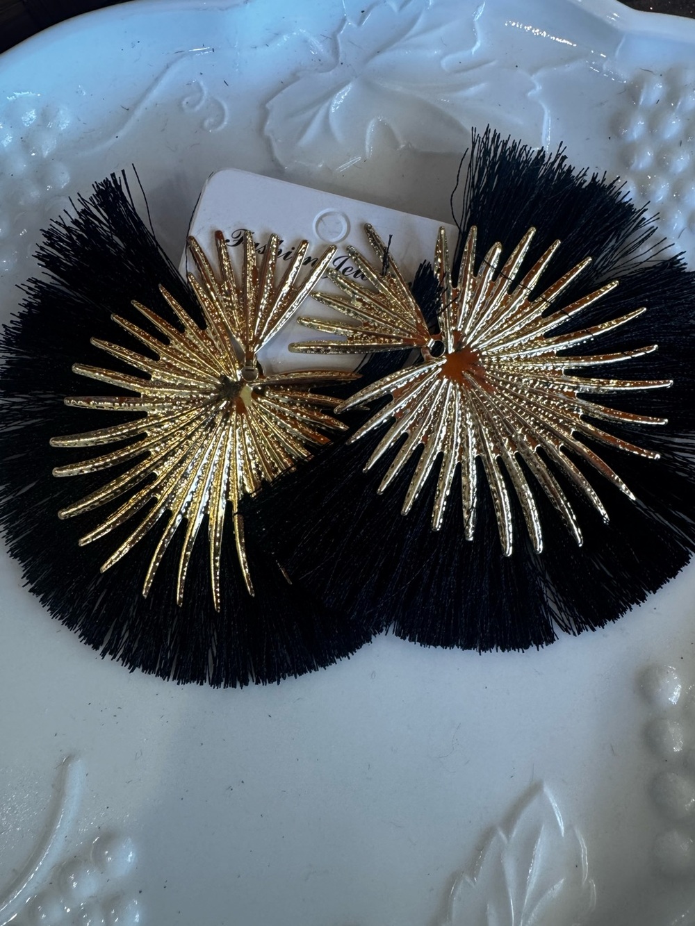 Gold Sunburst Black Tassel Statement Earrings